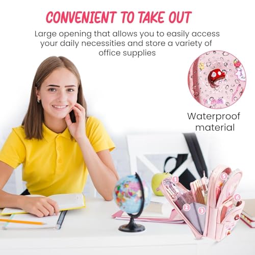 Image of Premium Canvas Pencil Case Hang able 6 Layer with 3 Compartment, Cute Aesthetic Pencil Case for Girls, Large Capacity Pencil Pouch, Cute Stationary Gift for Kids (Happy Times - Pink)