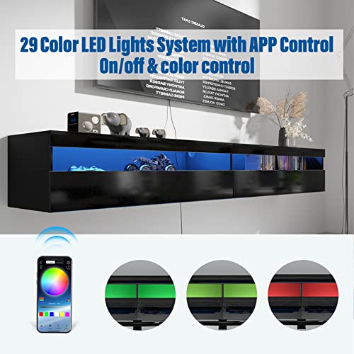 Floating TV Stand, Wall Mounted TV Shelf with Led Lights & Power Outlet, 71" Modern Entertainment Center Media Console with Storage, High Gloss TV Cabinet for 65/75/80 inch TV