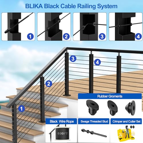 Image of BLIKA 2Pack 42 inch Level Drilled Cable Railing Posts(Post 41 inchx2 inchx2 inch), Stainless Steel Adjustable Line Post, Metal Deck Railing Posts, Top Mount Black Cable Handrail Posts for Cable Railing Kits, BL01-LP