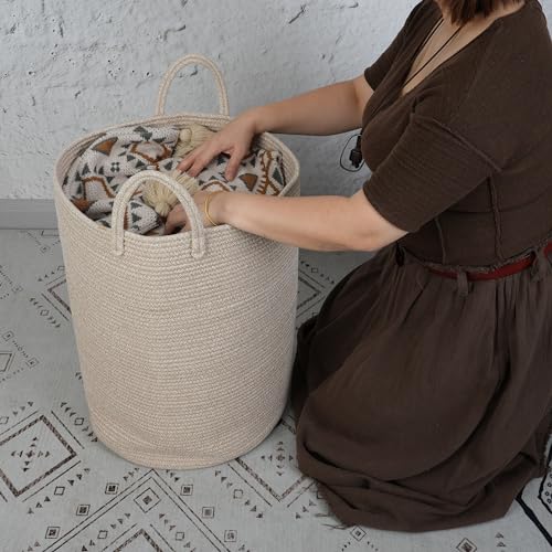 Image of XUANGUO Cotton Rope Laundry Basket Hamper for Clothes Large Oatmeal