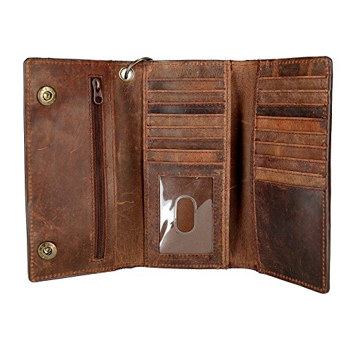 CTM Men's Crazy Horse Leather RFID Long Trifold Chain Wallet, Brown4