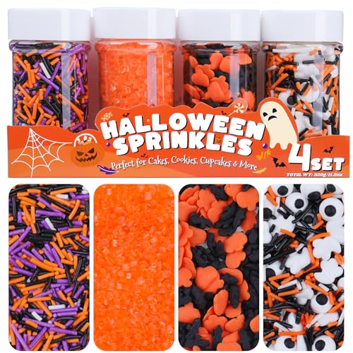 Halloween Sprinkles For Decorating Edible Set 4, 320G/11.3Oz With Orange Sanding Sugar, Pumpkin, Bat, Ghost, Candy Eyes And Jimmies, Ideal For Cake, Cupcake, Ice Cream, Cookie Toppings