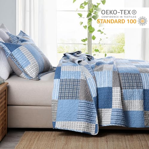 Image of Finlonte Quilt King Size - 100% Cotton King Size Comforter Set Blue Navy Grey Plaid Farmhouse Quilt Bedding Set, Reversible Lightweight Soft Bedspread, Quilted Coverlet All-Season, 3-Piece