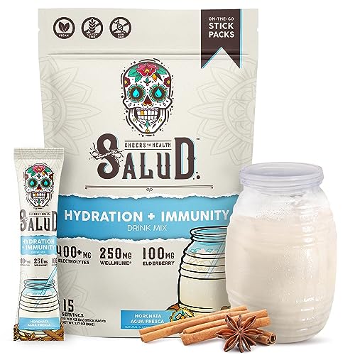 Image of Salud 2-in-1 Hydration Packets + Immunity Electrolytes Powder, Horchata - Agua Fresca Drink Mix, Elderberry, Dairy & Soy Free, Non-GMO, Gluten Free, Vegan, Low Calorie, 1g Sugar (15 Servings)