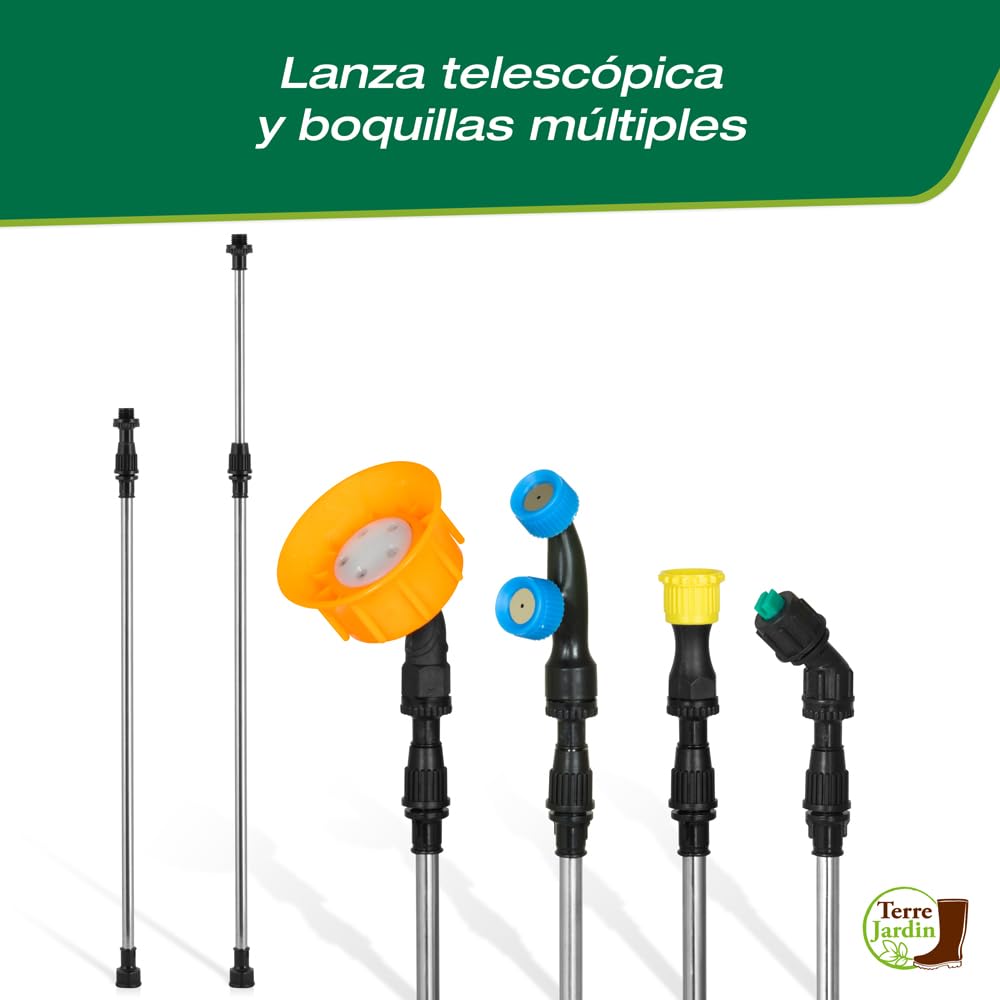 TERRE JARDIN Pulverizador Eléctrico Recargable 16L - Pulverizador de Jardín de Mochila a Batería 12V con Lanza Telescópica y 4 Boquillas - Pulverizador para Techos, Plantas y Desherbado