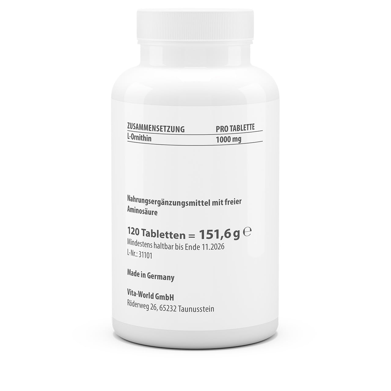 3er Pack Vita World L-Ornithin 1000 mg 3 x 120 Tabletten Hochdosiert Vegan Nur 1 Tablette am Tag Apotheker Herstellung