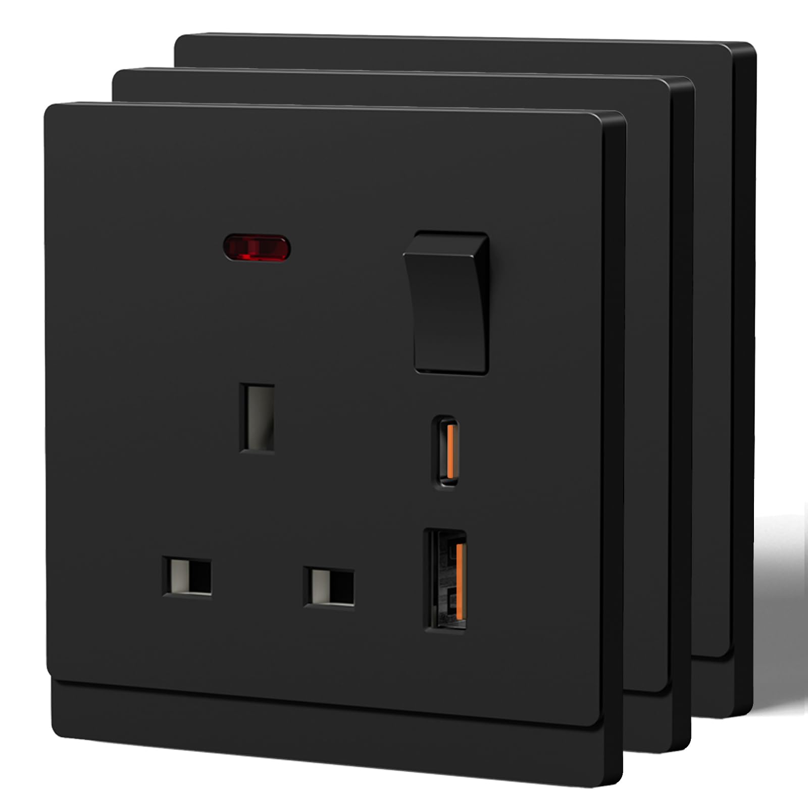 BSEED Single Socket with 20W USB C Fast Charging,Tactile Finish Switched Wall Sockets,13A Electric Power Outlet,Individual Control & LED Indicator,Designer Wall Plate,Single(20W)-3 Pack,86mm Black