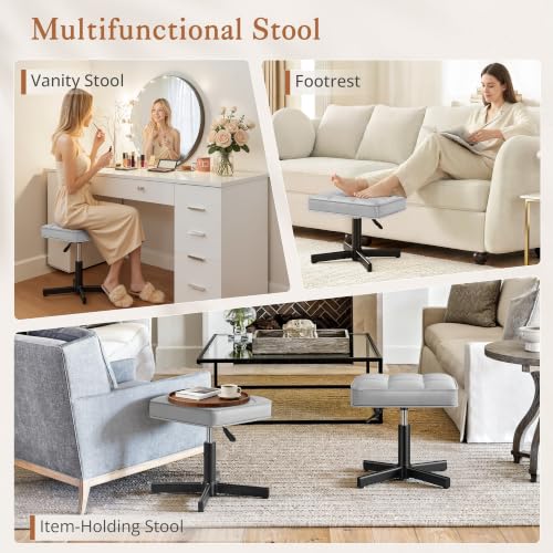 Image of LUE BONA Adjustable Vanity Stool, 15''-19.5'' Foot Rest Under Desk, 360 Swivel Vanity Chair for Makeup Room, Silver Upholstered Faux Leather Ottoman for Bathroom & Living Room, 300lbs