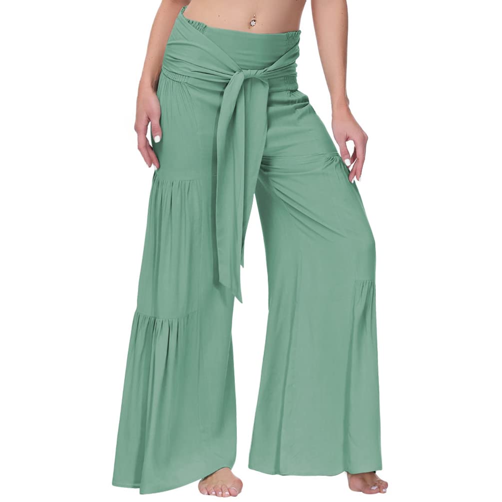Womens Casual Comfy Solid Wide Leg Lounge Pants Elastic Loose Casual Beach Trousers with Belt