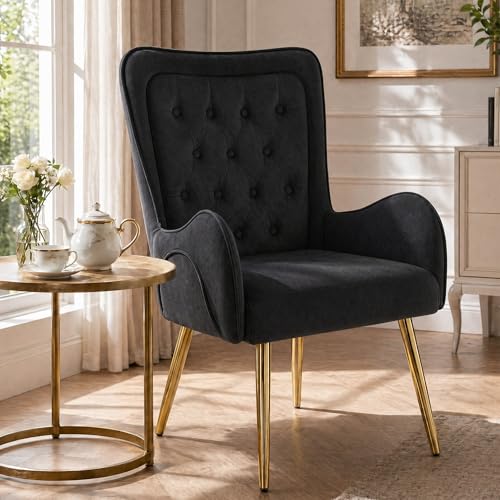 Hellove Fauteuil Salon Double Dossier Design Scandinave Luxe - Chaise Lounge Confortable Velours, Structure Bois Massif, Pieds Métal Doré, Accoudoirs Radius...