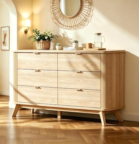 Image of HUAHUU Fluted 6 Drawers Dresser for Bedroom, 55 inch Mid Century Modern Dresser & Chests of Drawers, Curved Profile Design, TV Stand, Wood Storage Organizer for Living Room, Entryway, Hallway, Oak
