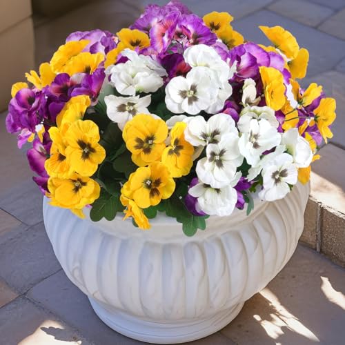 Hananona 12 Bundles Artificial Flowers Outdoor UV Resistant Artificial Silk Pansies Faux Plastic Flower in Bulk Fake Outdoor Plants(12 Yellow White Purple)
