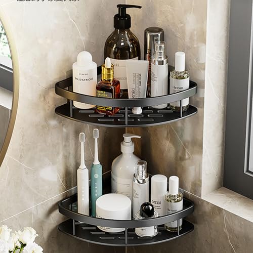 GLDFYYDS Organizador de ducha esquinero, sin taladrar con ganchos, paquete de 2 estantes de esquina de aluminio, organizador triangular para baño y cocina, color negro
