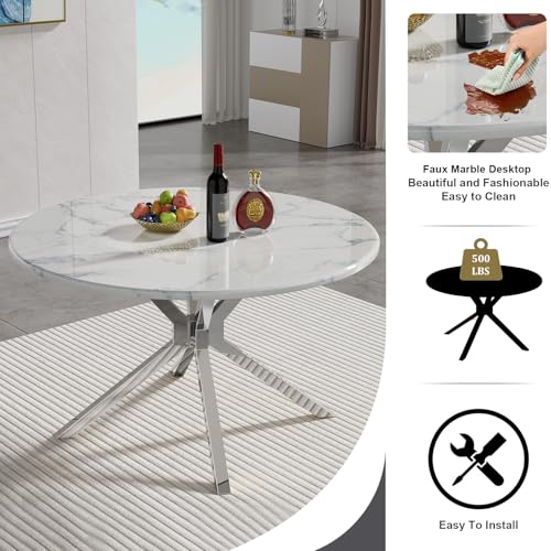 Image of 5-Piece Round Dining Table Set for 4, Modern Faux Marble Kitchen Table and Black Velvet Chairs Set of 4, Luxury 45 inch Circle White Silver Dining Room Tables with Stainless Steel Cross Legs