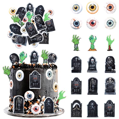 Rsstarxi 72 Pack Edible Halloween Zombie Hands Tombstone eyes Cake Decorations Skeleton Hands Tombstone Graveyard Cupcake Toppers for Horror Theme Baby Shower Birthday Halloween Party Decorations
