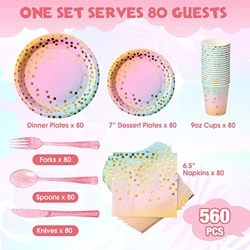560 Pcs Rainbow And Gold Party Supplies For 80 Guests Disposable Dinnerware Kits Gold Dots On Rainbow Paper Plates Napkins Cups Plastic Forks Knives Spoons For Birthday Wedding Baby Shower Home Party #TOP1