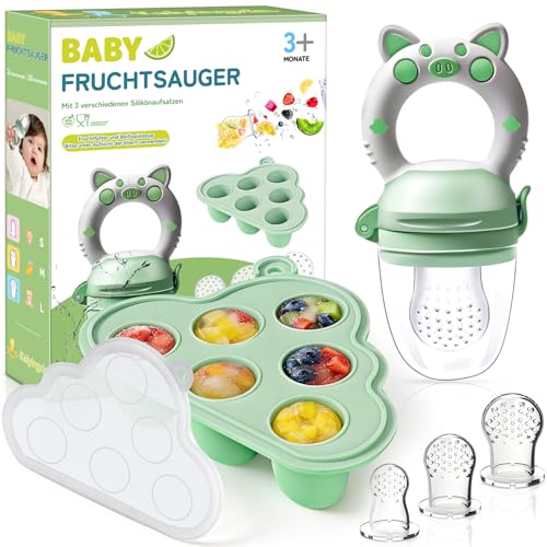Fruchtsauger Baby ab 3 Monate - Früchte Futterspender Set mit Babybrei Einfrieren Behälter, Obstschnuller und Ersatz Silikon Schnuller in 3 Größen, Beikost Baby Zubehör für Obst, Gemüse