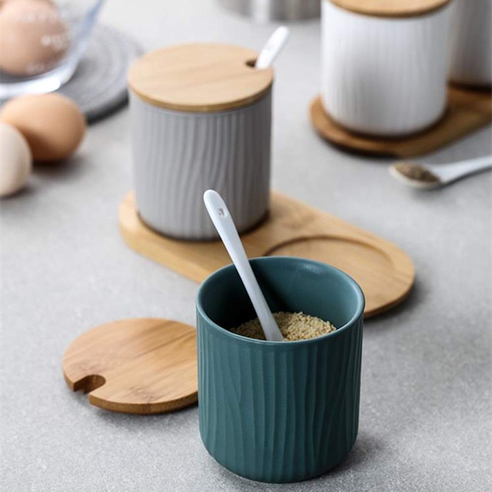 Set di 3 Tre Colori Zuccheriera, Zuccheriera in Ceramica Rotonda con Coperchio e Cucchiaio, Design Elegante, per Casa e Cucina