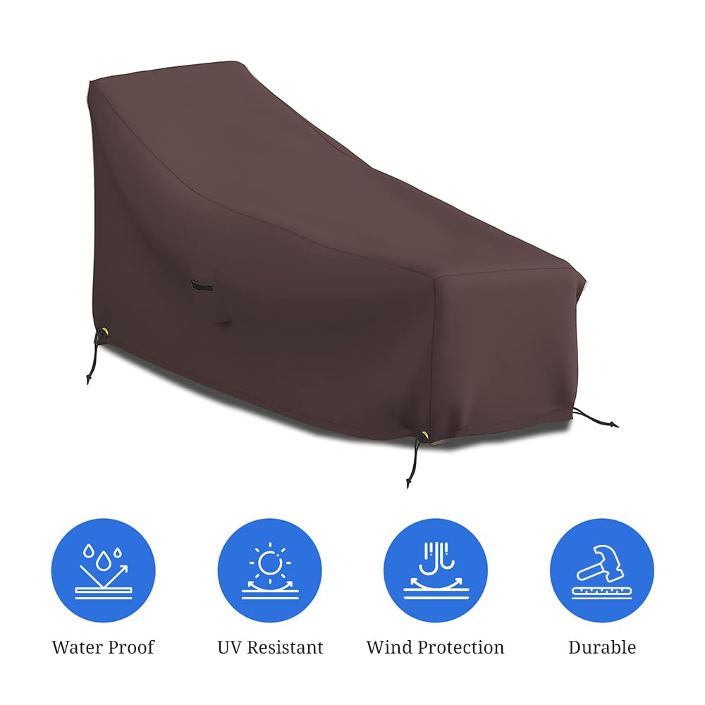 Funda para tumbona de patio de 12 onzas, impermeable, 100% resistente a la intemperie, cubierta de PVC con bolsillos de aire y cordón para un ajuste cómodo (66 W x 28 D x 30 H, café)