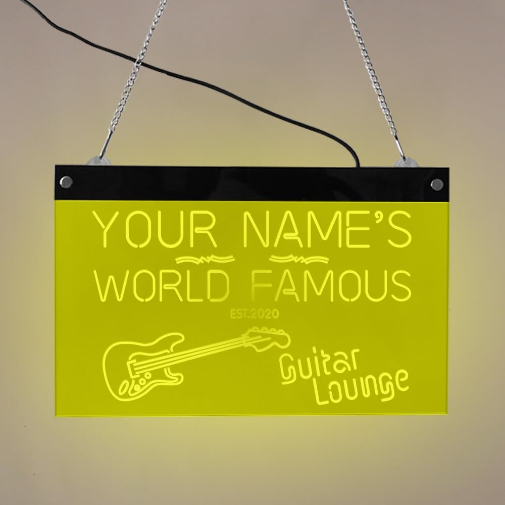 The Geeky Days Personalized Your Name World Famous Guitar Lounge Multi Color LED Luminous Electronic Neon Sign Lamp Music Band Room Man Cave Decorative LED Lighted Neon Sign Board(19.68 x11inches)