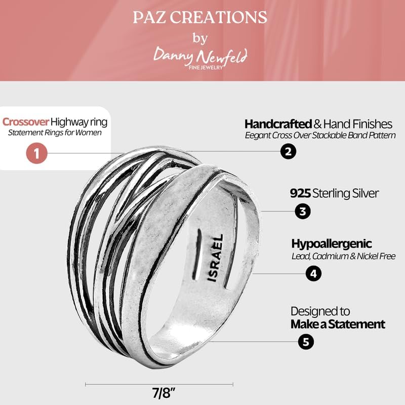 Paz Creations 925 Sterling Silver Criss Cross Statement Ring For Women, Artisan Handcrafted Designer with 1 Year Warranty, Silver/Gold Plated - Image 3