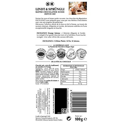 Lindt - Excellence Noir Orange 100G - Lot De 4 - Prix Du Lot - Livraison En France Métropolitaine
