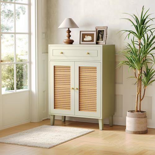 LITTLE TREE Shoe Cabinet for Entryway, 4-Tier Shoe Organizer with Adjustable Shelves & Drawer, Freestanding Mint Green Shoe Cabinets with Rattan Doors for Hallway, Bedroom, Living Room