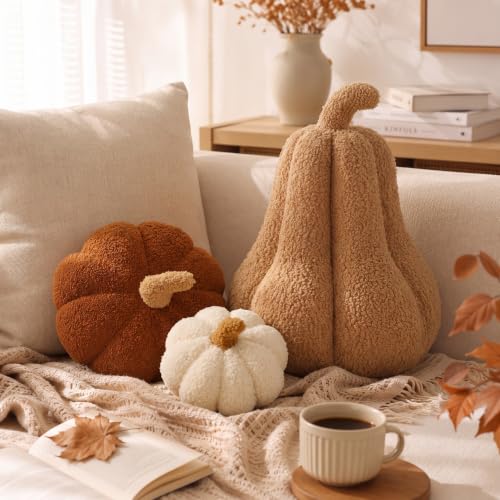 Beeveer 3 Pcs Fall Thanksgiving Pumpkin Pillows,Rust & Cream