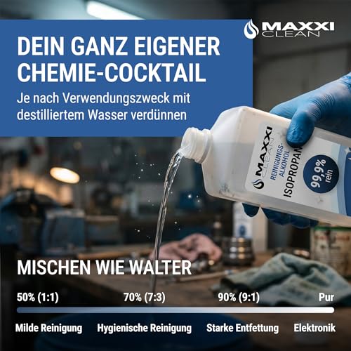 Maxxi Clean 1 x 750 ml Isopropanol 99,9% I Reines Isopropylalkohol I Fettlöser & Entfetter I schnell verdampfend, rückstandsfrei I entfernt Lack- und Klebereste I Resin-Reinigung für 3D-Drucker