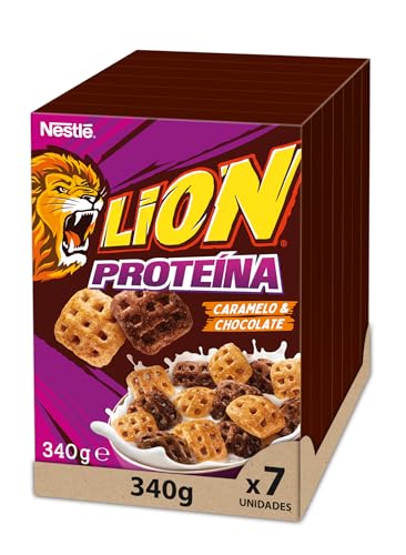 Cereales Nestlé Lion Proteína, Cereales integrales con chocolate y caramelo, 7 estuches de 340g