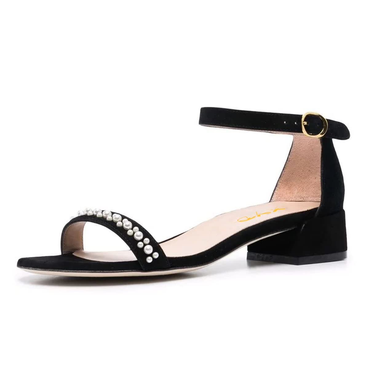 XYD Women Pearls Open Toe Strappy Low Block Heel Sandal Flats Ankle Strap with Buckle Wedding Bridal Dress Shoes