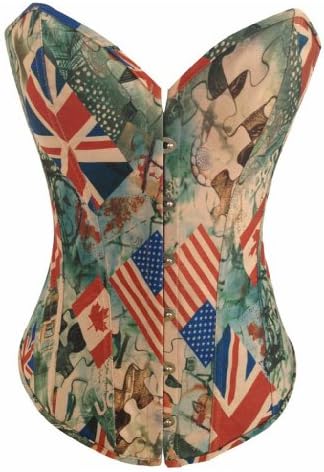Mebarra Women Sexy US UK CA Flag Printing Boned Corsets and Bustieres Tops - Green