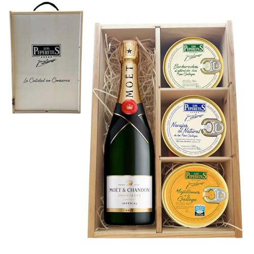 LOS PEPERETES Pack Gourmet Marisco Gallego con Champagne Francés | x2 Berberechos al Natural · x2 Navajas al Natural · x2 Mejillones a la Gallega | Estuche Lote Delicatessen Premium Latas Conserva