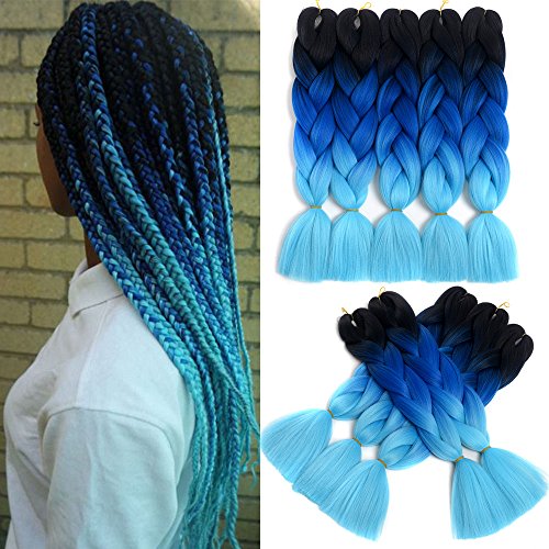 5 Pieces Dalin Ombre Synthetic Braiding Hair Extensions Kanekalon Hair Braiding Hair Crochet Braids Synthetic Hair Extensions 100G/Pc 24 Inch (Black/Rogalblue/Sky Blue)