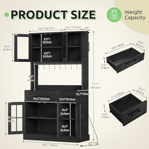 GOOBED 71" Pantry Cabinet with Power Outlet, Tall Kitchen Pantry Storage Cabinets with Microwave Stand, Farmhouse Kitchen Hutch with Drawers, Hook, Door and Shelves for Home Living Dining Room, Black