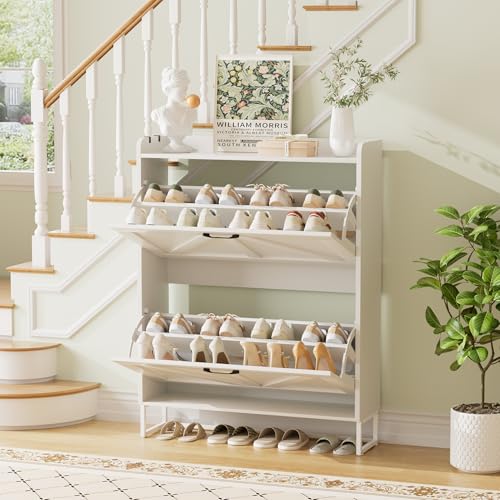 Urban Deco Shoe Storage Cabinet for Entryway, 2 Flip Drawers Shoe Organizer, Elegant 2-Tier Freestanding Shoe Cabinet with Anti-Tipping Design (White) - image 8