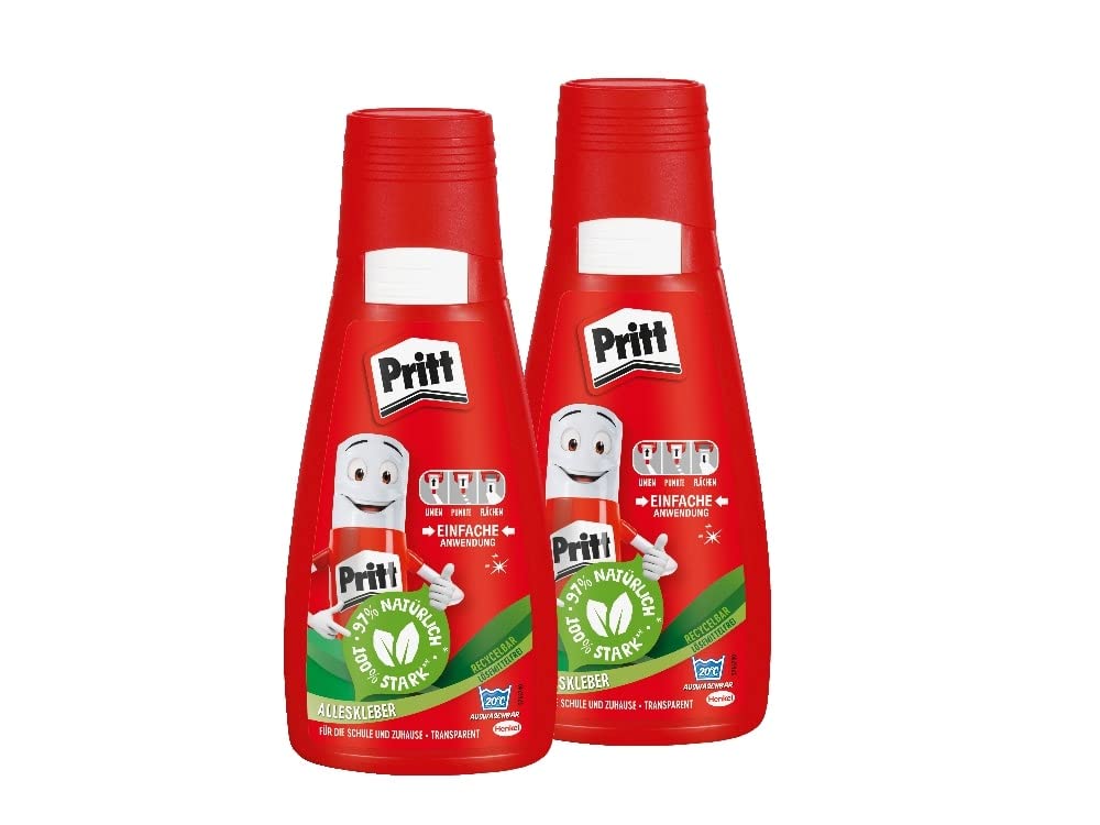Pritt Alleskleber, schnell trocknender Kleber mit einfacher Anwendung, lösemittelfreier Flüssigkleber für Kinder, 2x100 g weißer Bastelkleber für viele Bastelmaterialien, 9H PAKA2