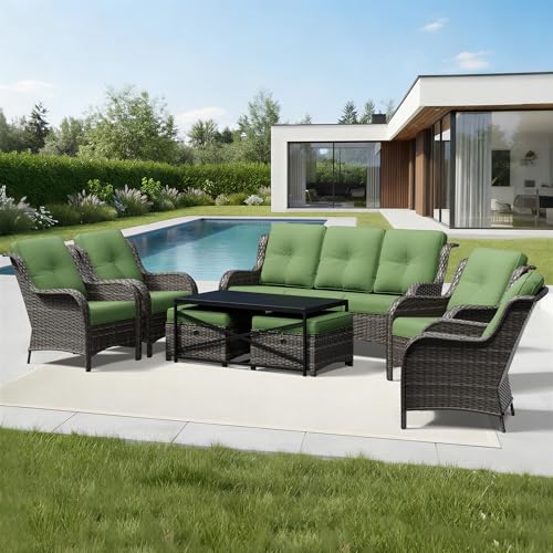 Image of Joyside 8 Piece Wicker Patio Furniture Set, Rattan Patio Chairs with High Back, Deep Seating, Wide Armrest, Thickened Cushions, Outdoor Furniture for Deck, Porch Use