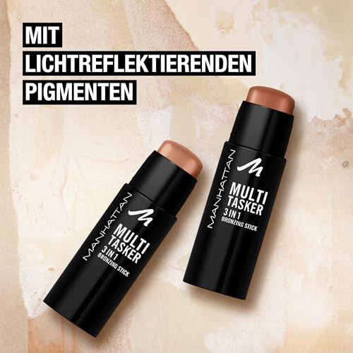 Manhattan Multi-Tasker 3-In-1 Bronzing Stick, cremiger Bronzer mit lichtreflektierenden Pigmenten, warm-schimmerndes Finish, vegane Formel, 4,5 g, Fb. 002, Medium