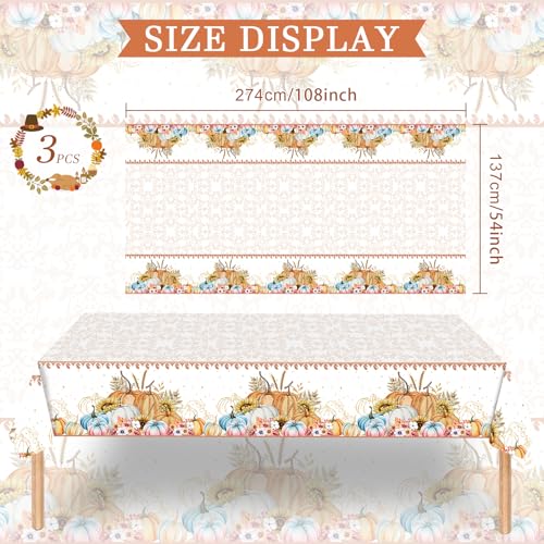 Image of 3-Pack 54 x 108 Inch Pastel Pumpkin Thanksgiving Plastic Tablecloth - Elegant Fall Table Cover with Watercolor Pumpkins and Floral Accents for Autumn Dinner, Harvest Parties, and Friendsgiving Decor