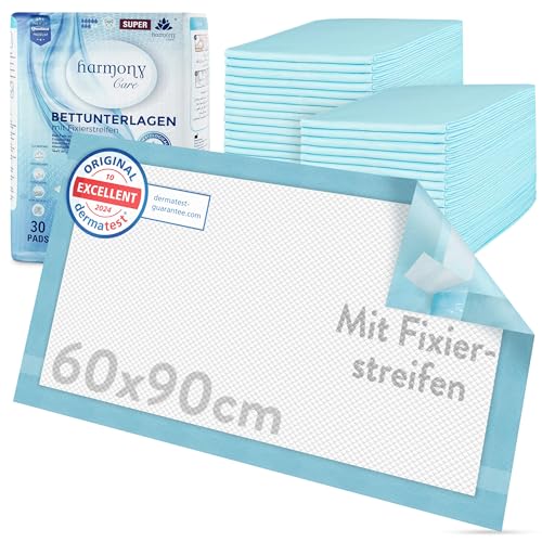 Harmony Care® 30 x Inkontinenz Bettunterlage mit Fixierstreifen, 6-lagig - 60 x 90 cm saugstarke Krankenunterlagen - rutschfeste Inkontinenzunterlagen einweg Bettunterlagen