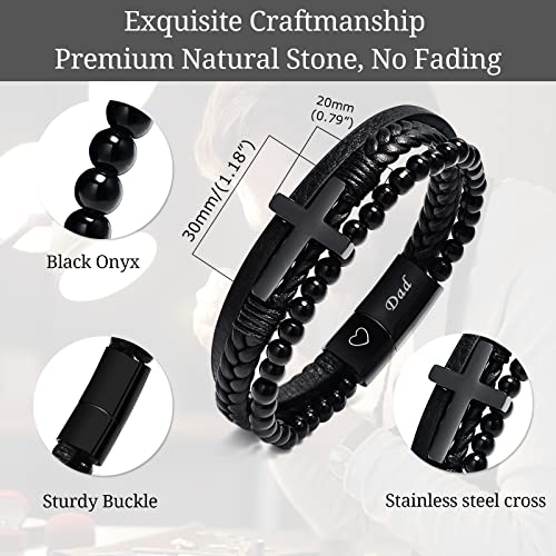 Tempbeau Cross Leather Braided Bracelet For Men - Send Gifts Box, Natural Bead Stone Strand Wristband, Black Leather Bracelets To Dad Father #TOP3