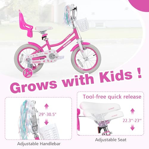 Image of Olakids Kids Bike, 12 14 16 18 20 Inch Girls Bicycle with Doll Seat Basket Adjustable Seat and Handlebar, Handbrake and Coaster Brake