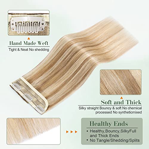 Image of Benehair Clip in Hair Extensions Real Human Hair Ombre Light Brown Mixed Bleach Blonde Hair Extensions 14inch Long Straight Remy Hair Brazilian Double Weft Real Human Hair Extensions