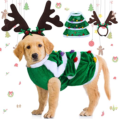 2 Pieces Christmas Dog Costume Outfit Reindeer Dog Costume with Green Xmas Tree Clothes and Elk Reindeer Antler Headband, Warm Winter Puppy Coat Deer Headwear for Christmas Pet Party (Large)