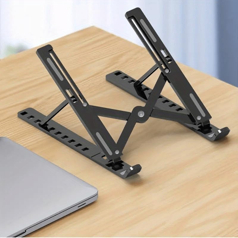 Foldable Portable Plastic Laptop Stand - 10-Level Ergonomic Height Adjustment with Cooling System for All Computers Black
