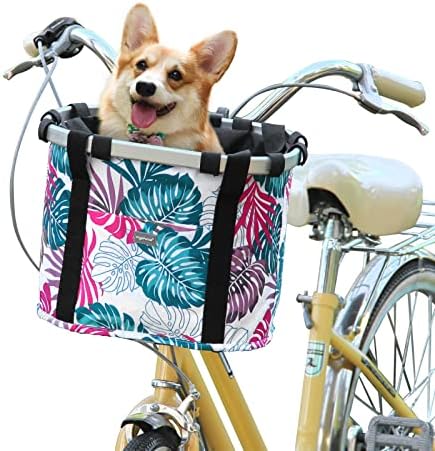 RAYMACE Bicycle Basket Dog Bike Handlebar Basket Front with Adjustable Pet Tether Folding Detachable Quick Release Easy Install (Pink Palm Leaf)