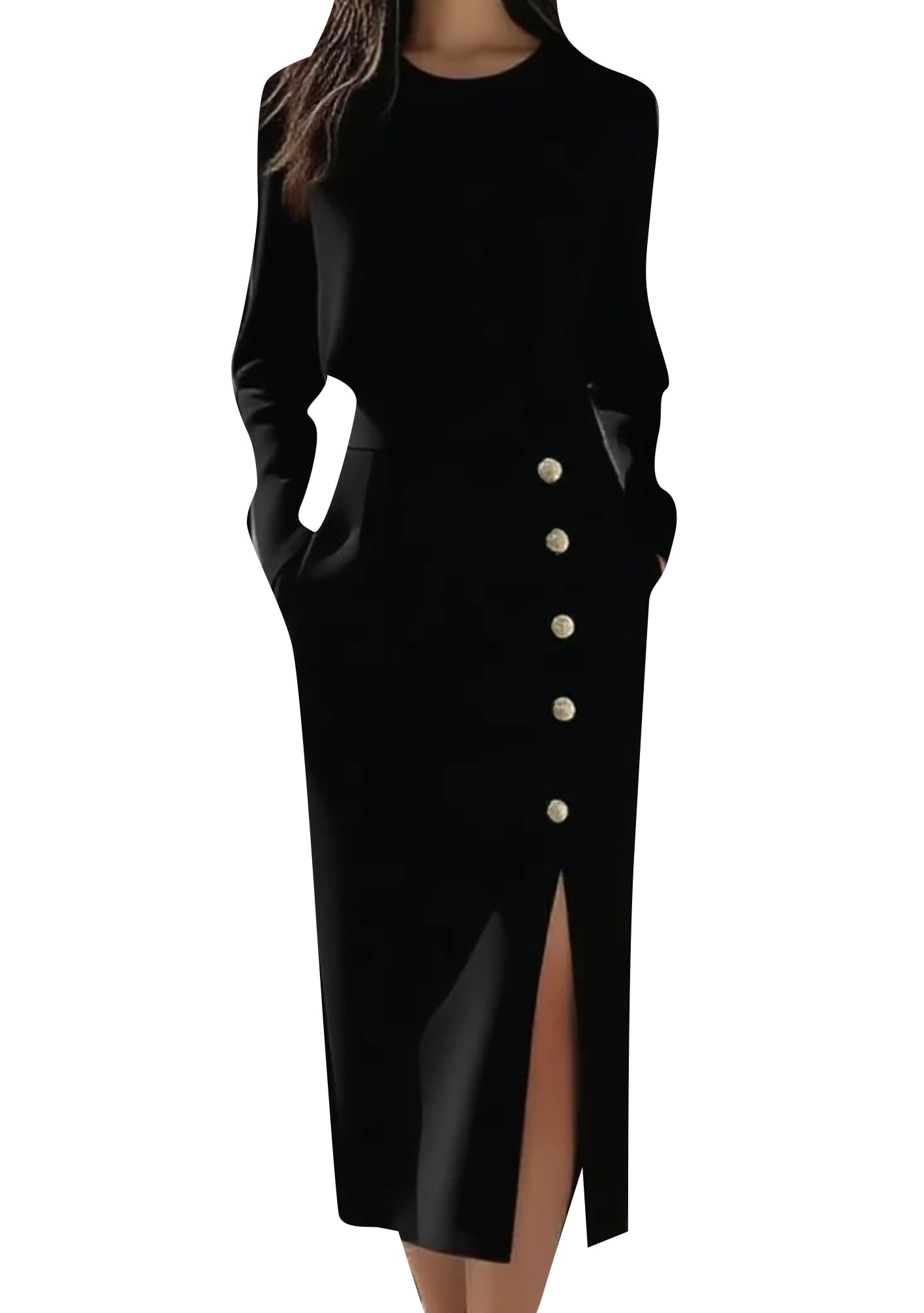 OMZIN Womens Crew Neck Split Dress Mature Work Autumn Dresses Elegant Slim Fit Stylish Dress
