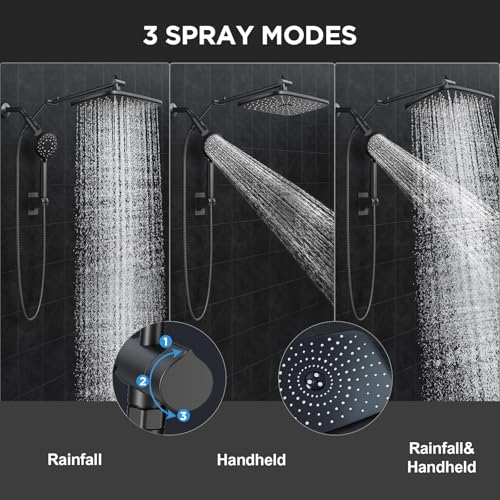 Image of Veken 11.8 inch Rain Shower Head with Handheld, High Pressure Handheld Shower Heads with Multi Spray Modes, Rainfall Combo with 15 inch Metal Extension Arm,Detachable Dual Shower, Long 6 ft. Hose,Matte Black