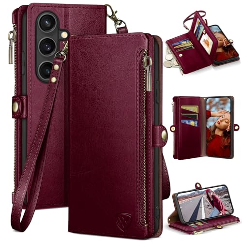 XcaseBar compatible with Samsung Galaxy S26 Wallet case with Zipper Credit Card HolderRFID Blocking Flip Folio Book PU Phone case Shockproof Cover Women Men for Samsung S26 case Wine Red